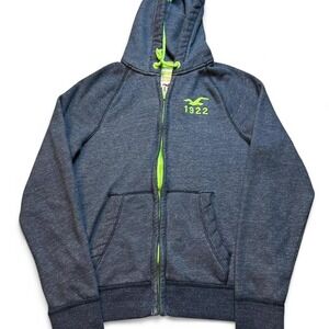 Hollister Hoodie Womens Large‎ Blue Full Zip Y2K Yellow Drawstring 1922 Logo